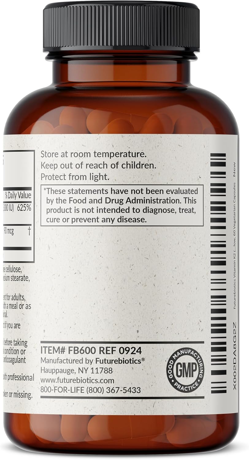 Futurebiotics Vitamina D3 y K2 MK-7 - 5000 UI D3 + 90 mcg K2 MK-7, 60 Cápsulas Vegetarianas