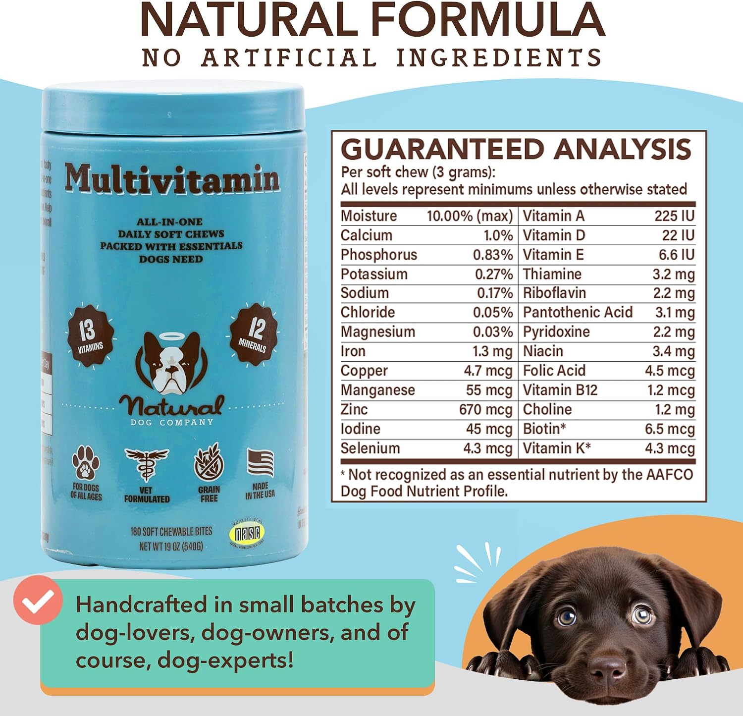 Natural Dog Company Multivitamínico 25 en 1 para Perros – Masticables Blandos Formulados por Veterinarios, 180 unidades