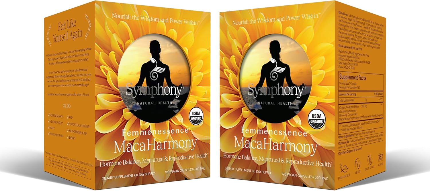 Femmenessence® MacaHarmony® – Equilibrio Hormonal, Salud Menstrual y Fertilidad, 240 Cápsulas Orgánicas Veganas (120 Días)