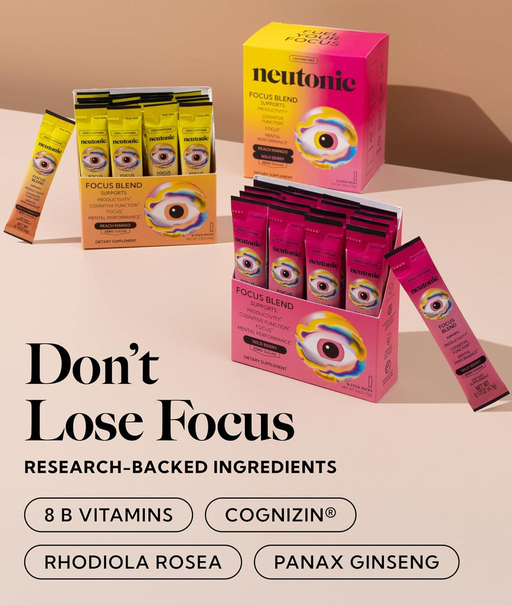 Neutonic Nootropic Focus Blend | 32 Sticks | Sabor Mango Melocotón y Bayas Silvestres | Sin Cafeína