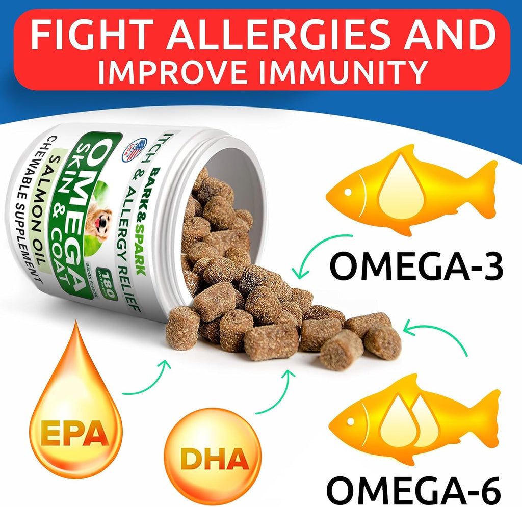 Omega 3 para Perros y Gatos - 180 Golosinas de Aceite de Salmón con EPA y DHA - Complemento para Piel, Pelaje y Articulaciones - Sabor Bacon