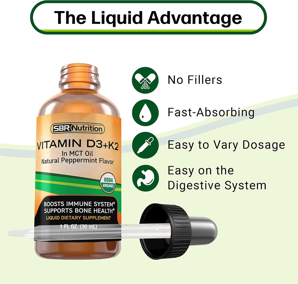 SBR Nutrition MAX Absorption - Vitamina D3 + K2 (MK-7) Gotas Líquidas con Aceite MCT, Sabor Menta