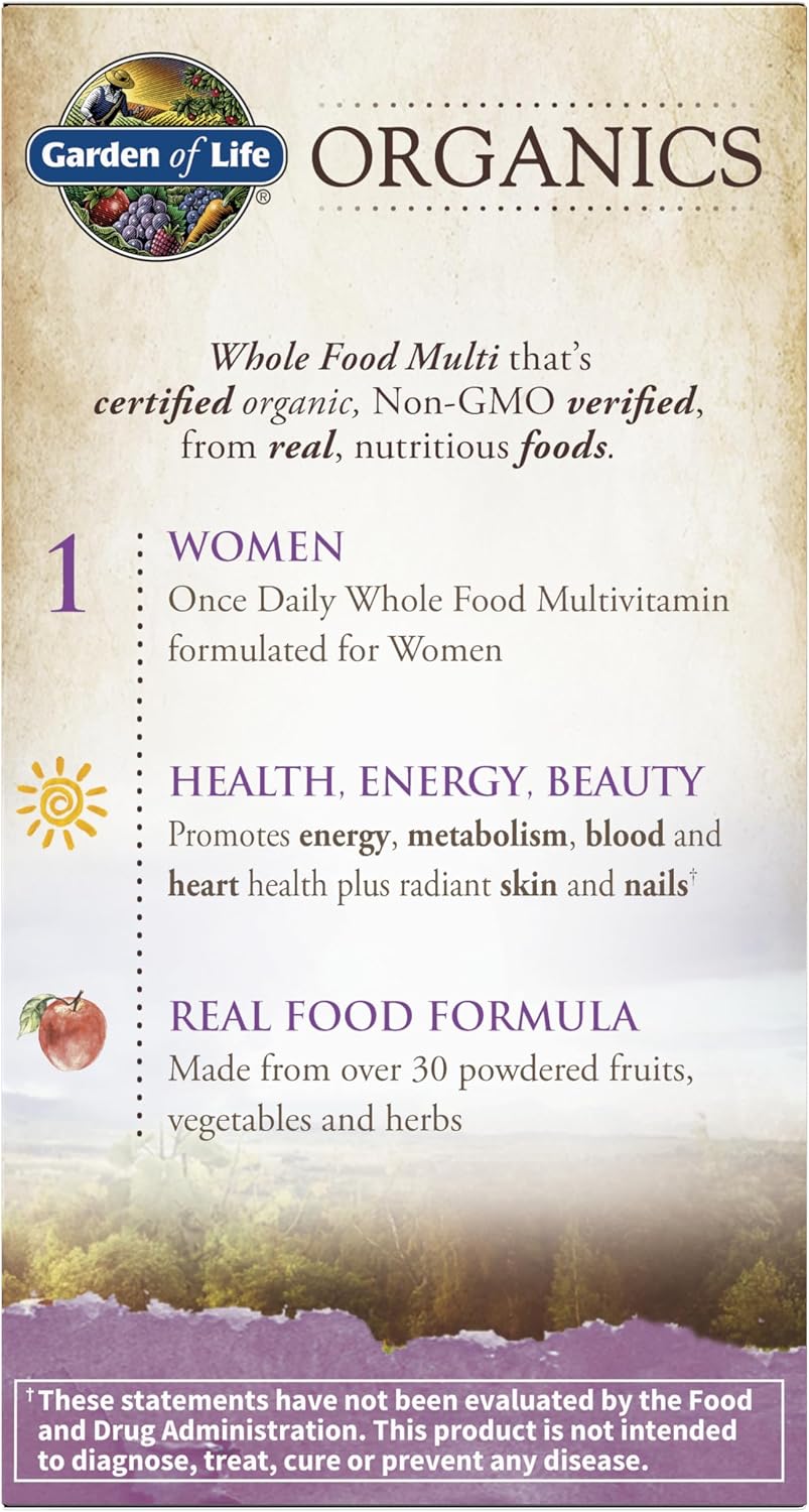 Garden of Life Organics, Multivitamínico Diario para Mujeres, Alimento Integral, 30 Comprimidos Veganos