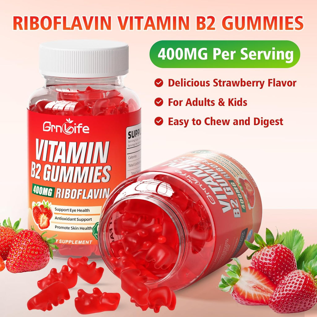 GrnLife Gominolas de Vitamina B2 (Riboflavina) 400mg con Magnesio - 120 Gominolas Sabor Fresa