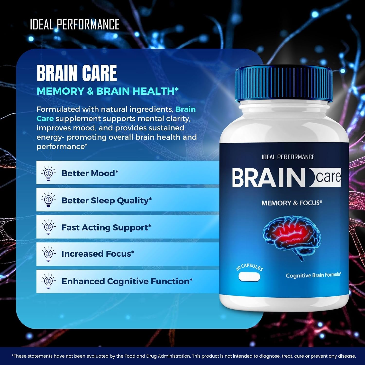 Brain Care Cápsulas para Memoria y Enfoque - Fórmula Avanzada para el Apoyo de la Salud Nerviosa (5 Envases)