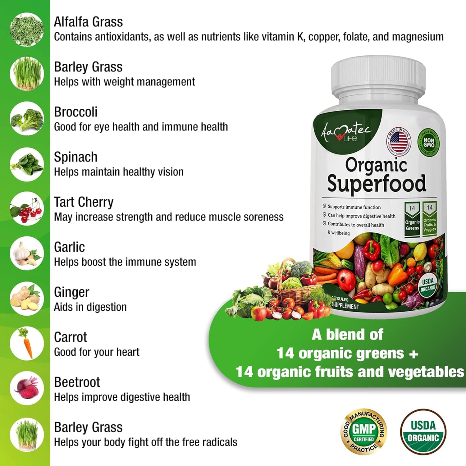 AAMATEC LIFE Superalimentos Orgánicos Verduras y Frutas - 120 Comprimidos (Paquete de 2)