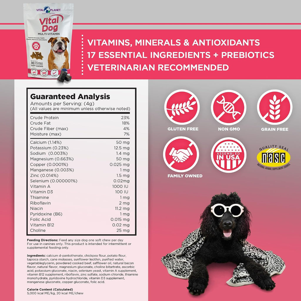 Vital Planet - Vital Dog Multivitamínico para la Salud Diaria con Vitaminas, Minerales y Antioxidantes - 30 Golosinas Blandas Sabor a Bacon