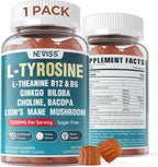 NEVISS Gominolas Brain Focus Sin Azúcar - L-Tirosina 300mg, L-Teanina 200mg, Vitamina B6 100mg, B12 500mcg, Ginkgo Biloba, Rhodiola Rosea, Lion's Mane - 1 Pack