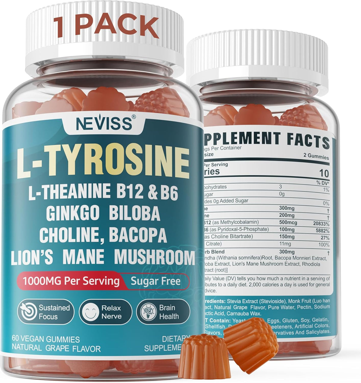 NEVISS Gominolas Brain Focus Sin Azúcar - L-Tirosina 300mg, L-Teanina 200mg, Vitamina B6 100mg, B12 500mcg, Ginkgo Biloba, Rhodiola Rosea, Lion's Mane - 1 Pack - görsel 1