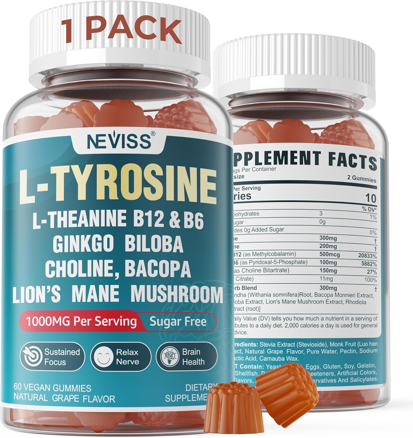 NEVISS Gominolas Brain Focus Sin Azúcar - L-Tirosina 300mg, L-Teanina 200mg, Vitamina B6 100mg, B12 500mcg, Ginkgo Biloba, Rhodiola Rosea, Lion's Mane - 1 Pack