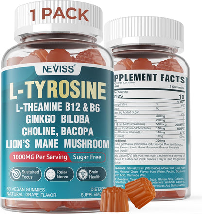 NEVISS Gominolas Brain Focus Sin Azúcar - L-Tirosina 300mg, L-Teanina 200mg, Vitamina B6 100mg, B12 500mcg, Ginkgo Biloba, Rhodiola Rosea, Lion's Mane - 1 Pack