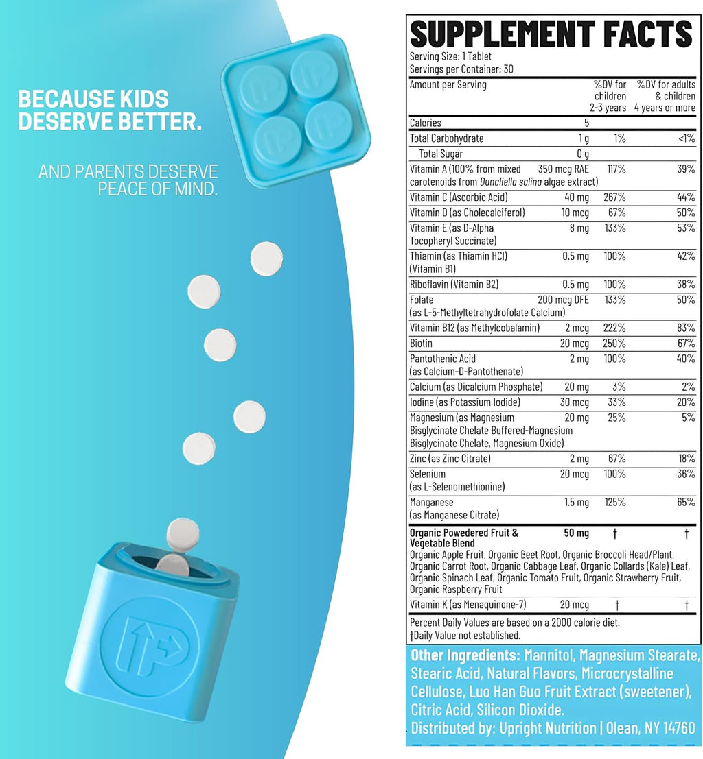 Multivitamínico Infantil UpRight Nutrition | 30 Días | Masticable Sin Azúcar | 17 Vitaminas y Minerales + 50mg de Frutas y Verduras