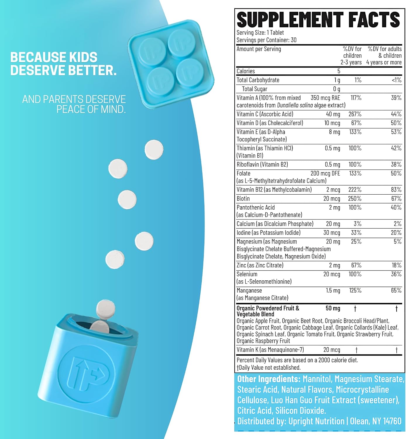 Multivitamínico Infantil UpRight Nutrition | 30 Días | Masticable Sin Azúcar | 17 Vitaminas y Minerales + 50mg de Frutas y Verduras