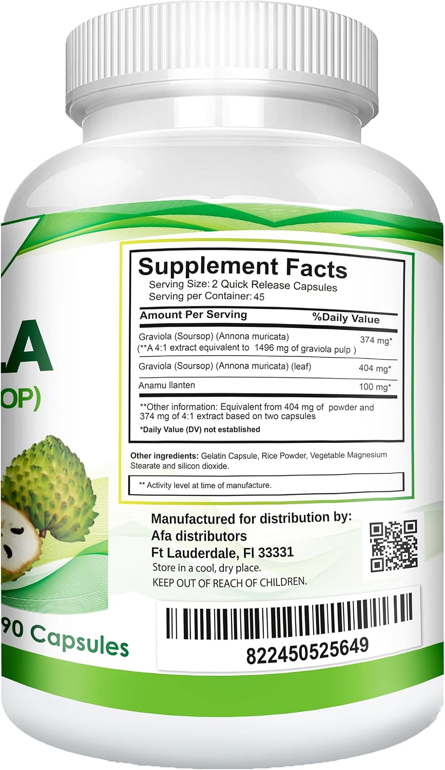 Extracto de Graviola (Soursop, Guanábana) con Anamu y Llantén - Suplemento Natural, Cápsulas de Hojas y Fruta, 90 Cápsulas No OGM