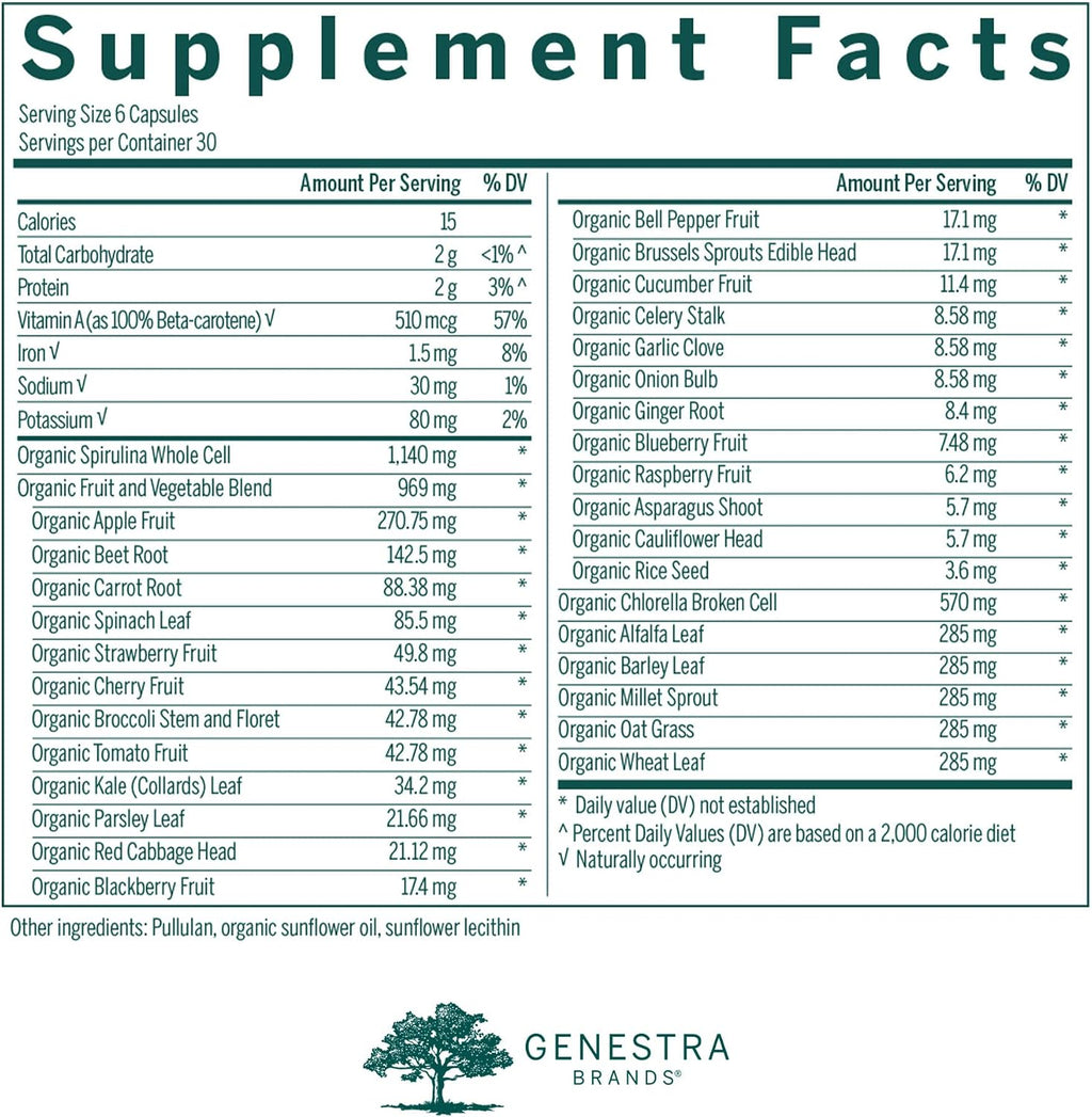 Genestra Brands Phyto Greens Cápsulas - Complemento Multivitamínico con Espirulina, Clorella y Aceite de Orégano - 180 Cápsulas