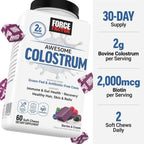Force Factor Awesome Colostrum - Complemento de Colostro Bovino con Biotina, 60 Gomitas Sabor Bayas y Crema