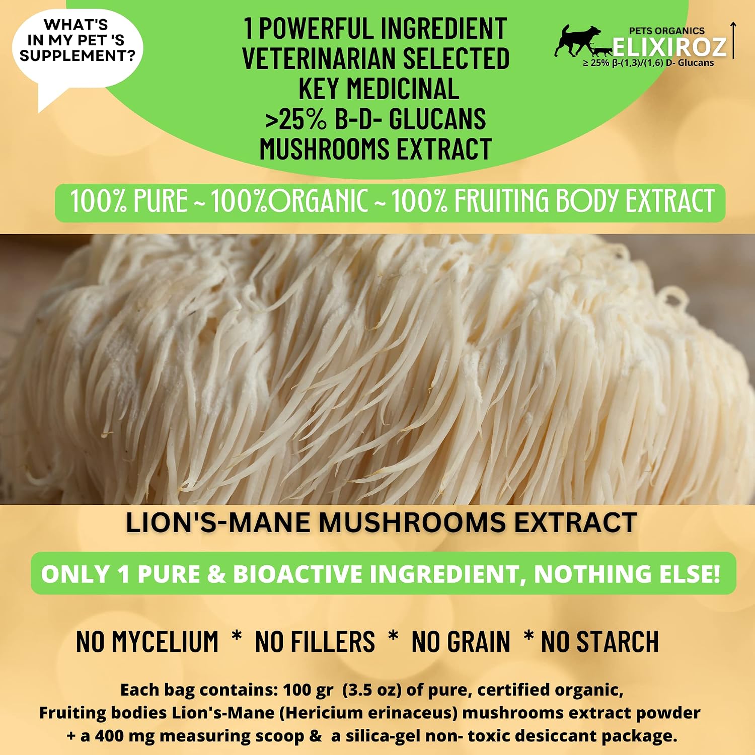 PETS ORGANICS ELIXIROZ Extracto de Melena de León para Perros y Gatos - Concentrado 8:1-12:1 - 250 Servicios