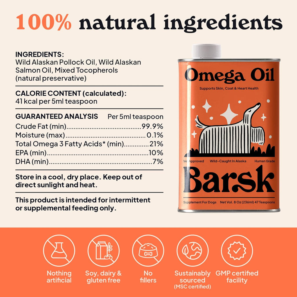 Barsk Aceite de Salmón Salvaje de Alaska para Perros y Gatos - Rico en Omega 3 EPA y DHA