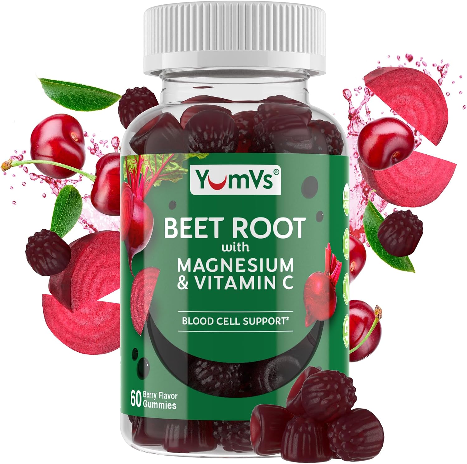 YumVs Gominolas de Remolacha con Magnesio y Vitamina C – Sabor Baya – 60 Gominolas – Vegano, Sin Gluten