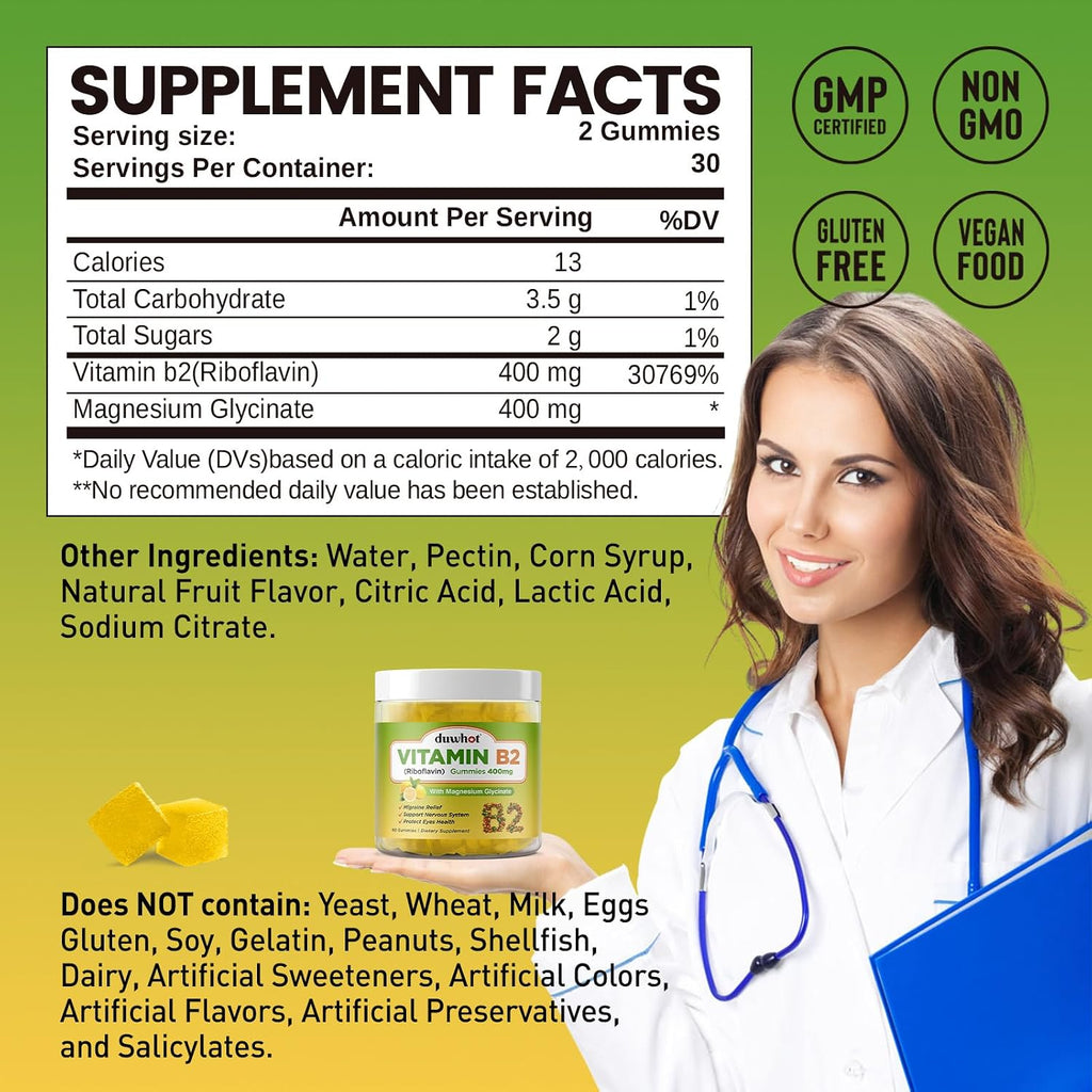 Duwhot Gominolas de Vitamina B2 con Magnesio - Riboflavina 400 mg - 60 Gomitas Veganas