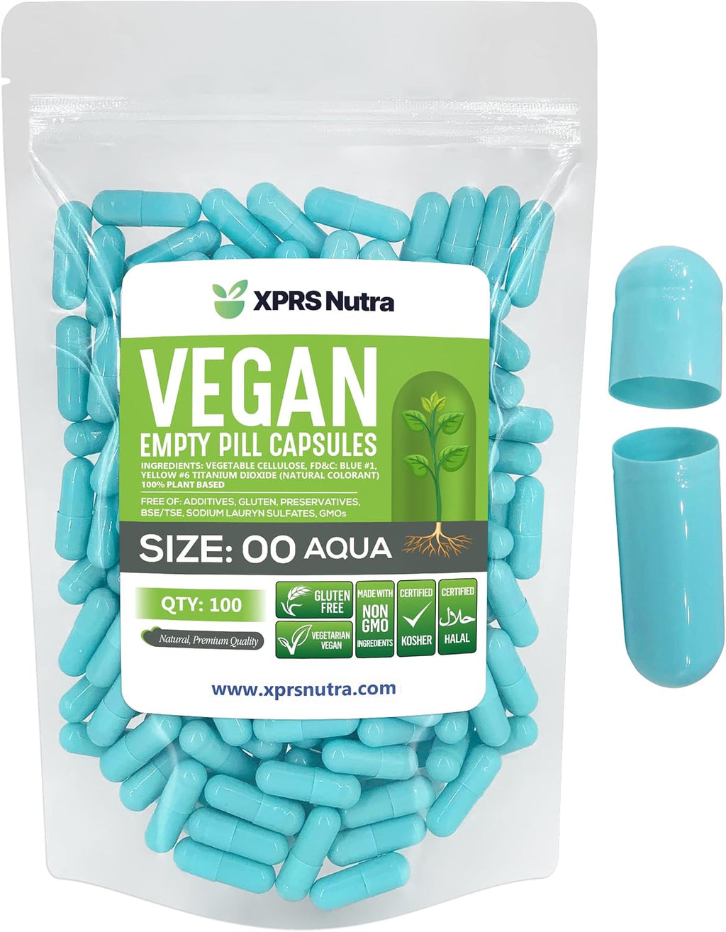 XPRS Nutra Cápsulas Vacías Tamaño 00 - 100 Unidades - Cápsulas Veganas - Cápsulas Vegetales para Rellenar (Aqua)