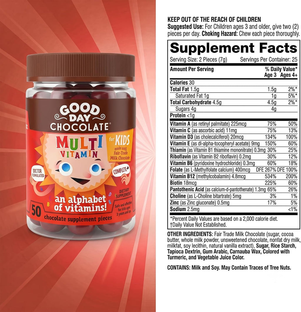 Good Day Chocolate Multivitamínico Completo para Niños – Suplemento Diario con Vitaminas A, B6, B12, C, D, E, Folato y Biotina, Chocolate de Comercio Justo y Sin OGM, 50 Piezas