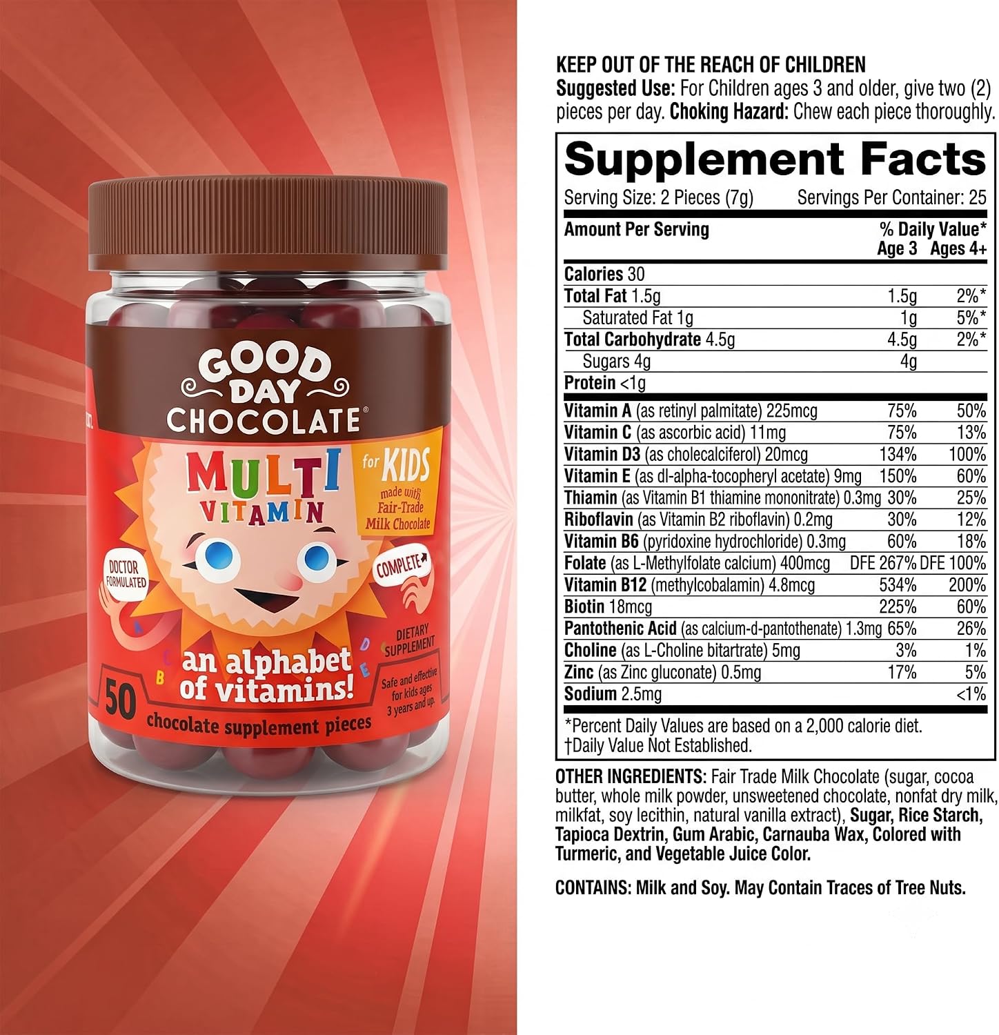 Good Day Chocolate Multivitamínico Completo para Niños – Suplemento Diario con Vitaminas A, B6, B12, C, D, E, Folato y Biotina, Chocolate de Comercio Justo y Sin OGM, 50 Piezas