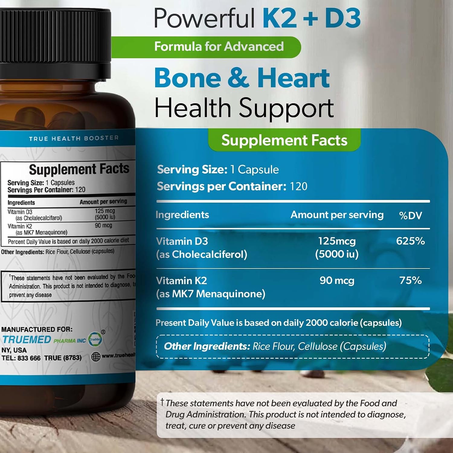 TrueMed Vitamina D3 K2 5000 UI (MK-7 125 mcg) – 120 Cápsulas Veganas – Suplemento de D3 y K2 para Huesos, Corazón e Inmunidad