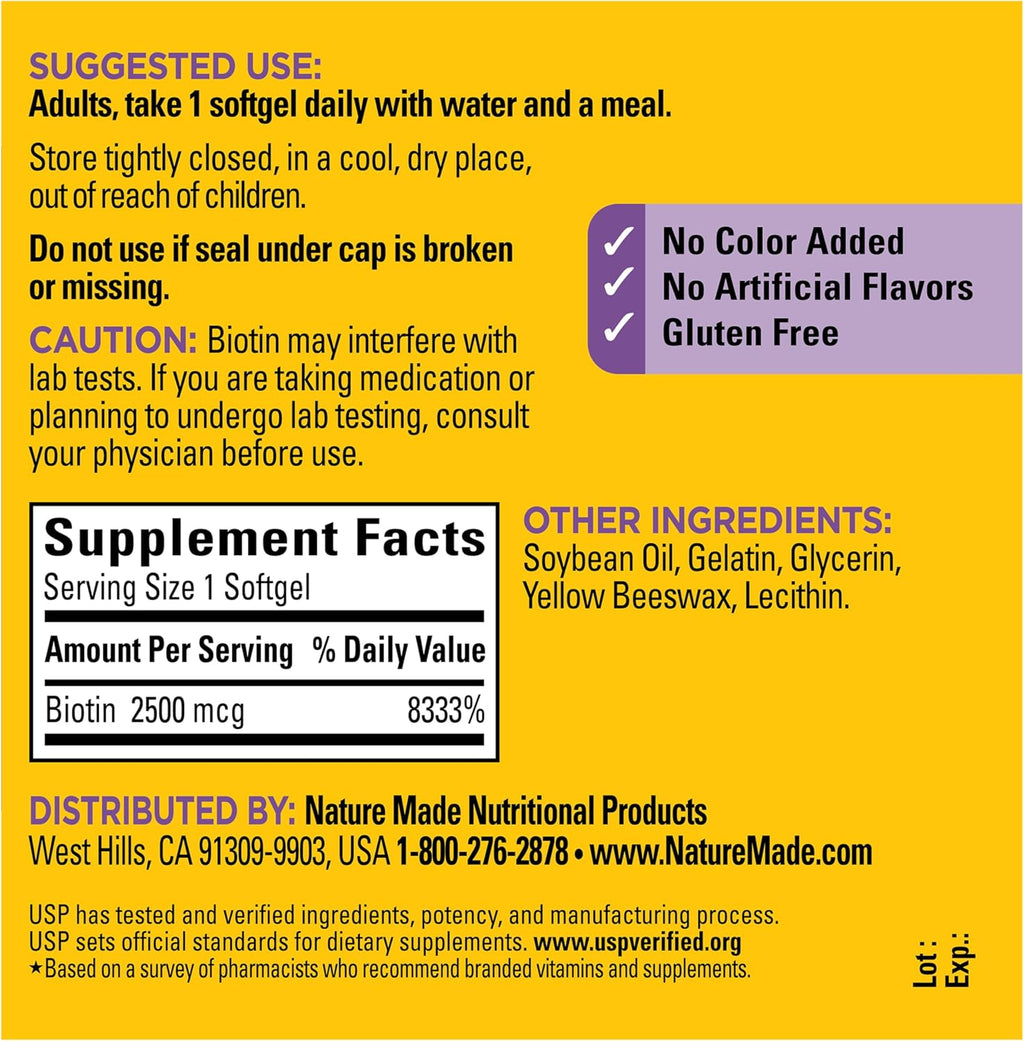 Nature Made Biotina 2500 mcg Máxima Potencia - 150 Cápsulas Blandas