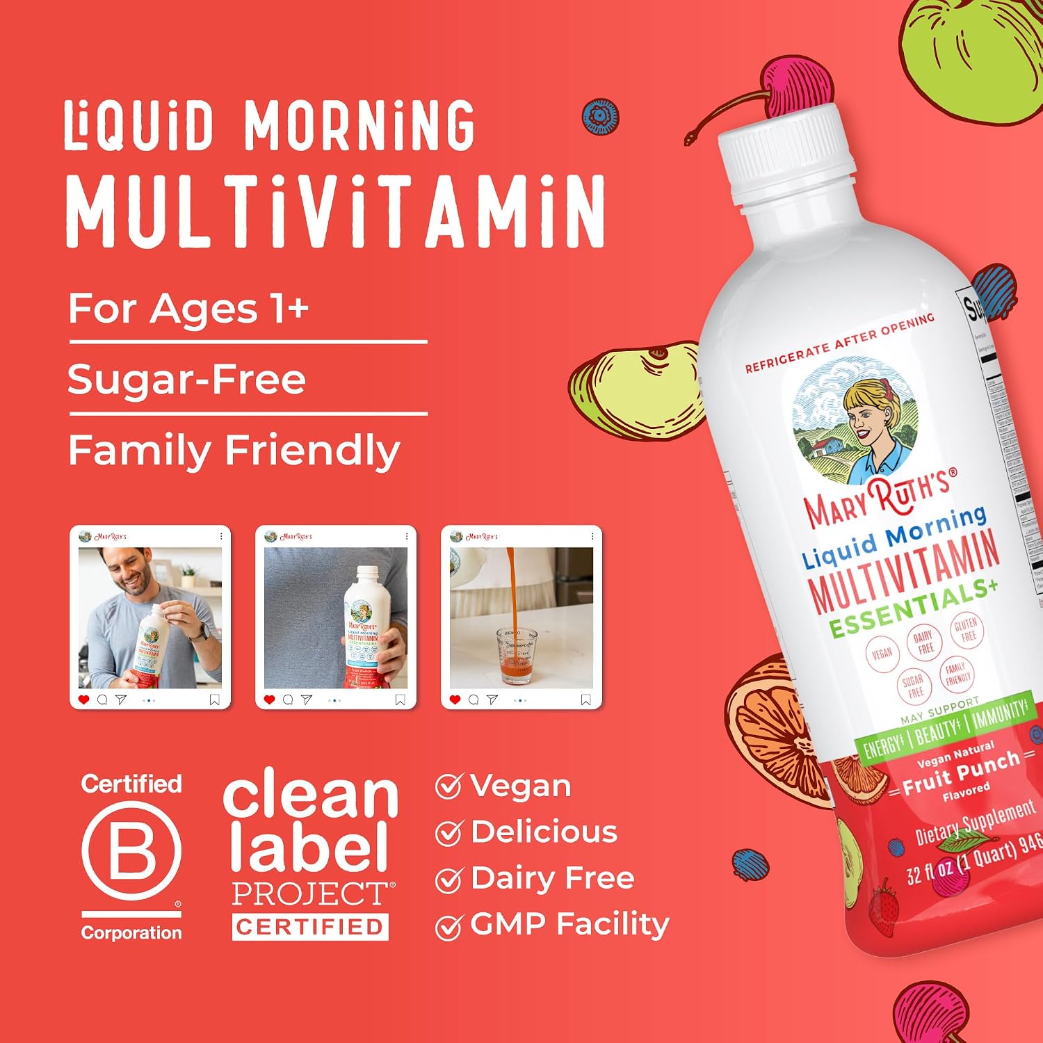 MaryRuth's Liquid Morning Multivitamin Essentials+ - Multivitamínico Líquido para Adultos y Niños - 946 ml