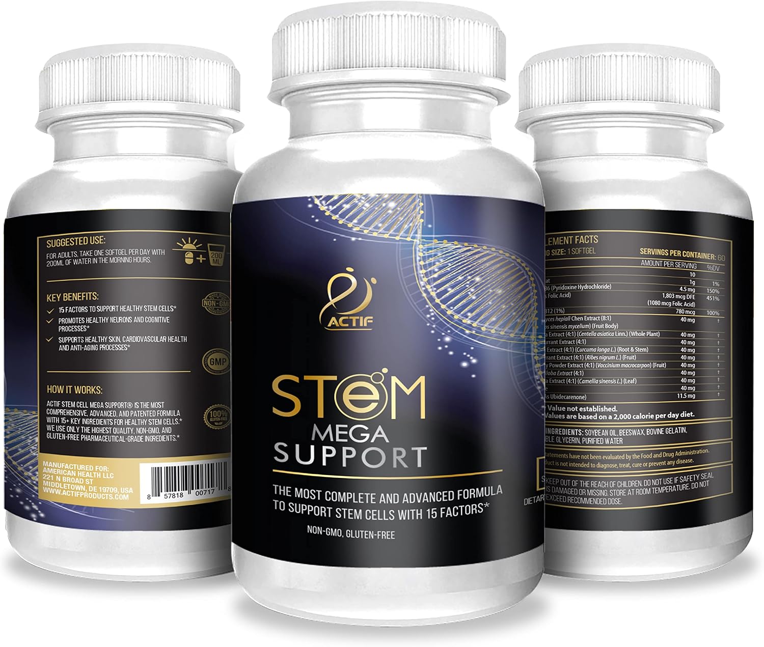 ACTIF Stem Cell Mega Support con 15 Factores - No Transgénico, 2 Meses de Suministro