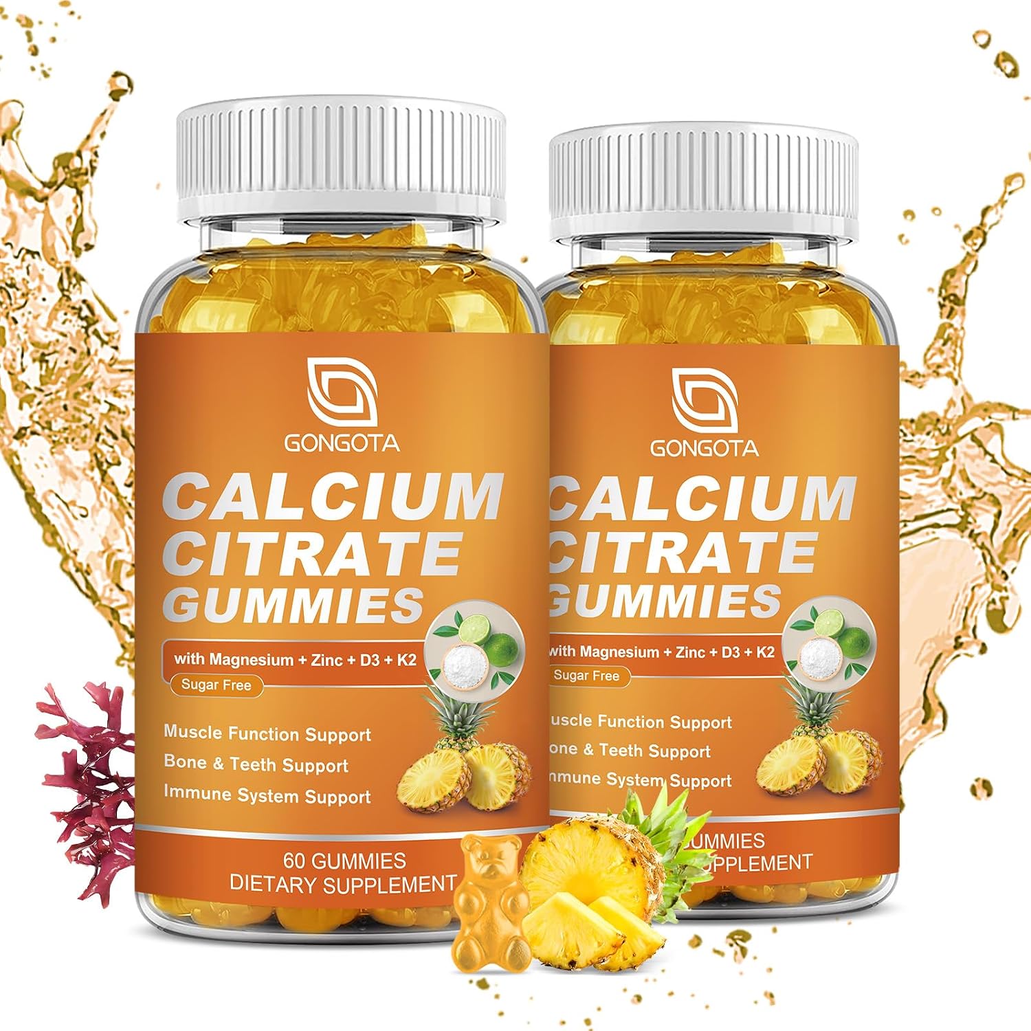 GONGOTA Gominolas de Citrato de Calcio 1200 mg con Vitamina D3 - Apoyo para Huesos, Músculos y Articulaciones - Sin Azúcar, Sabor Piña - 120 Gominolas
