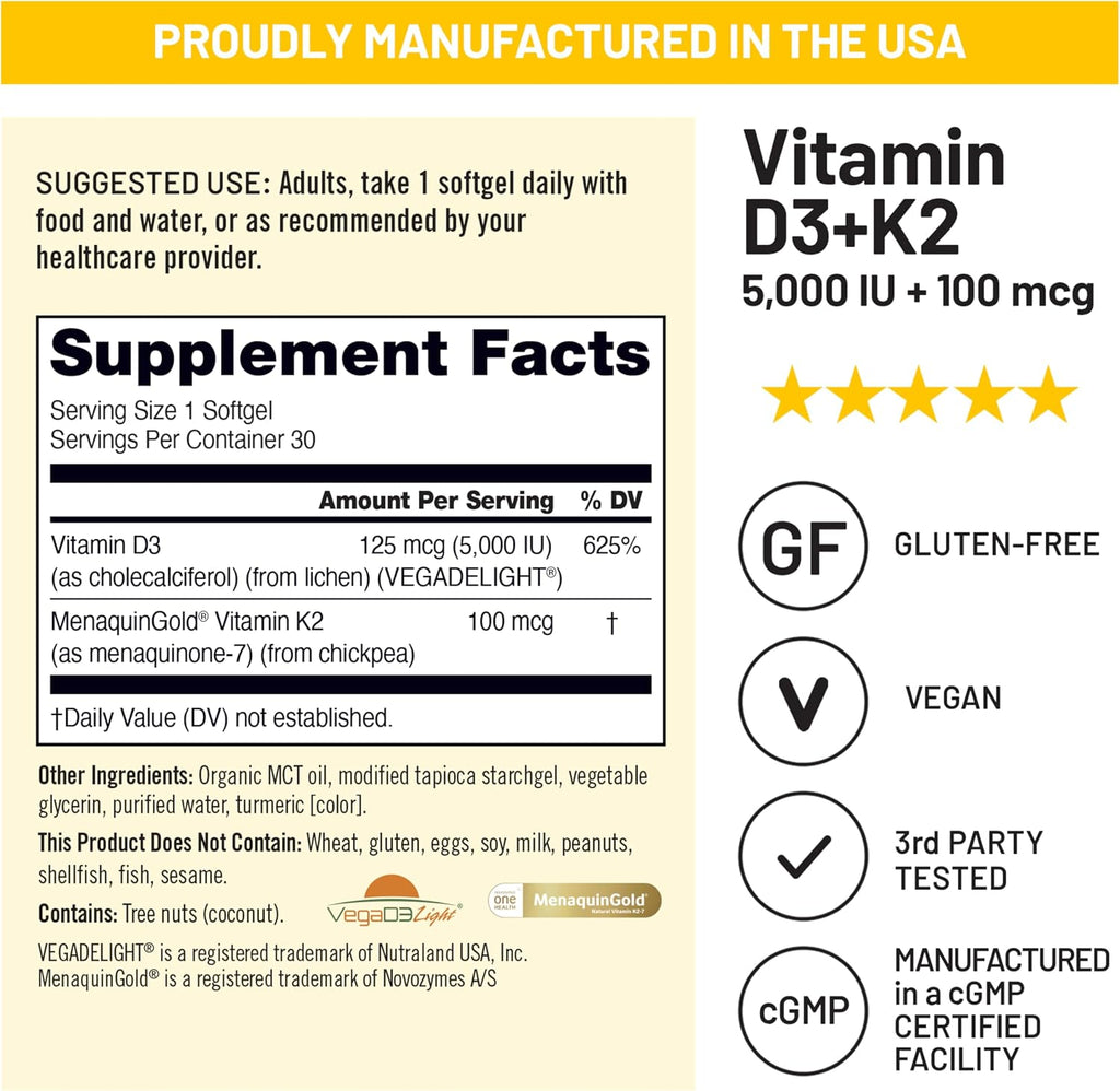 NatureWise Vitamina D3+K2 Vegana con Aceite MCT de Coco Orgánico, 5000 UI D3 + 100 mcg K2, 30 Cápsulas Blandas