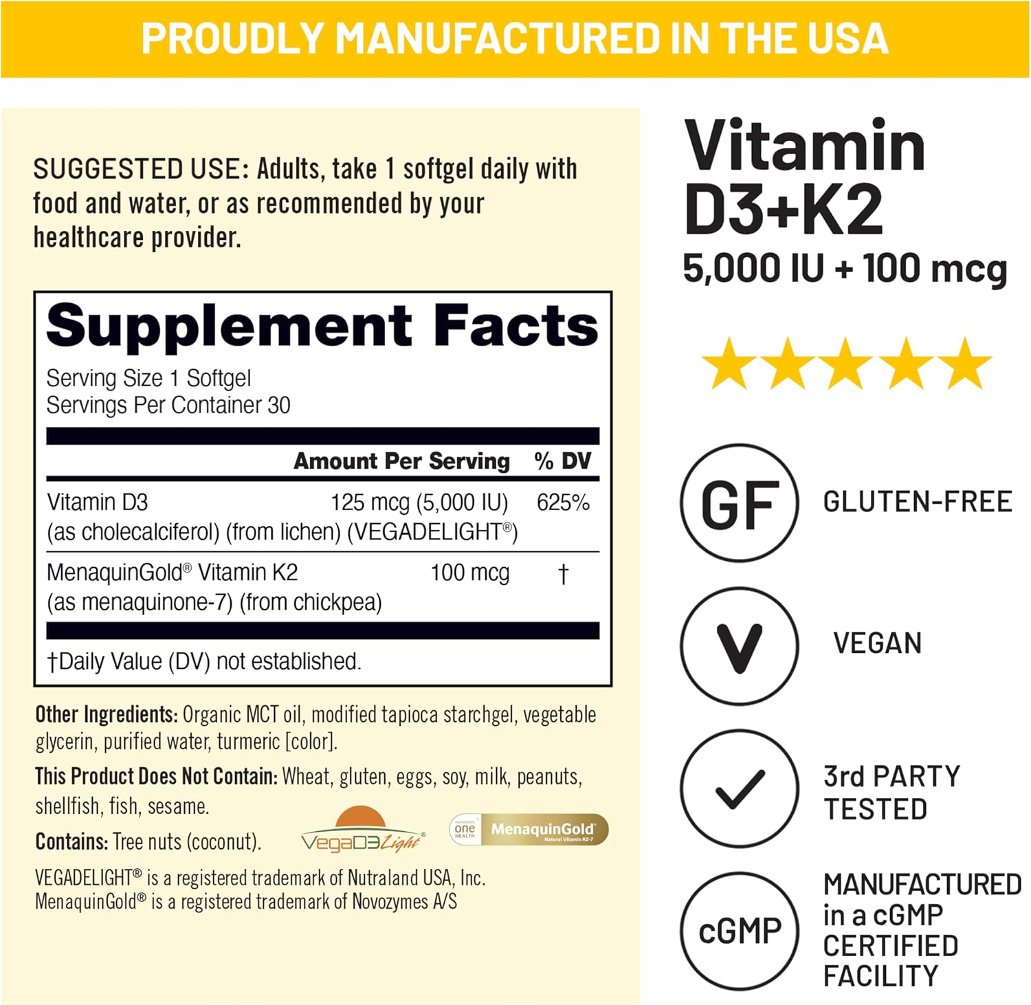 NatureWise Vitamina D3+K2 Vegana con Aceite MCT de Coco Orgánico, 5000 UI D3 + 100 mcg K2, 30 Cápsulas Blandas