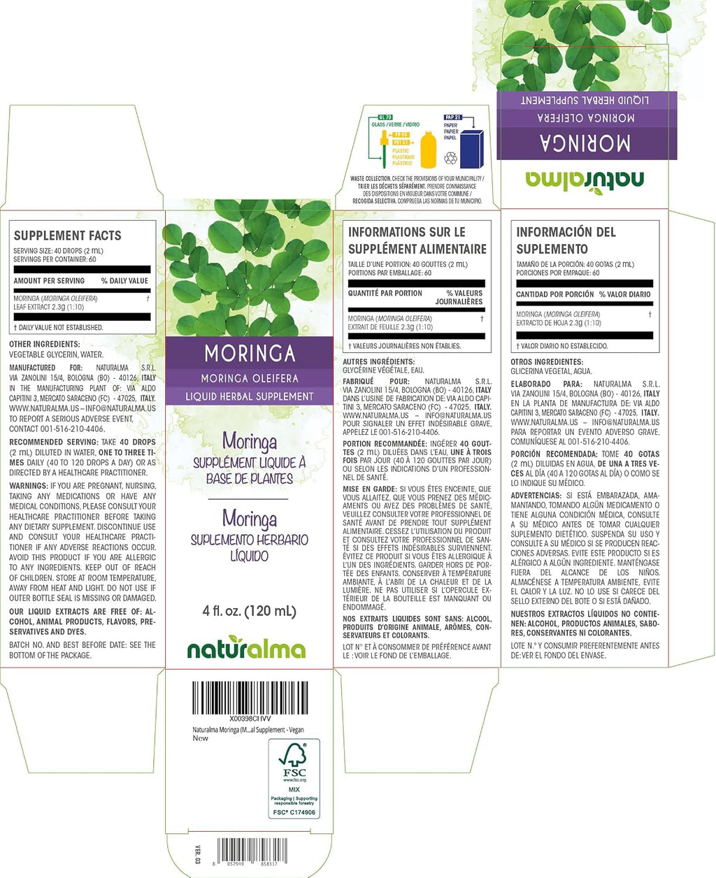 Naturalma Moringa (Moringa oleifera o Moringa aptera) - Tintura sin Alcohol - 118 ml - Extracto Líquido en Gotas - Vegano
