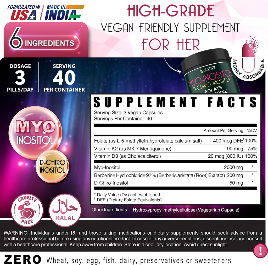 Herbpy 6en1 Premium Inositol 40:1 Myo-Inositol y D-Chiro Inositol con Folato, Berberina, Vitamina D3 y K2 - 120 Cápsulas Veganas
