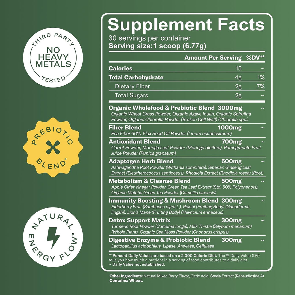TrueSeaMoss Super Greens Polvo con Matcha para Salud Digestiva e Intestinal – 25 Superalimentos con Probióticos, Prebióticos, Enzimas y Sea Moss – Vegano – 30 Porciones