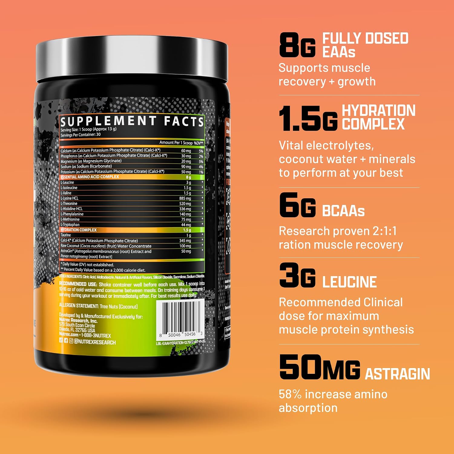 Nutrex Research EAA Hydration - Polvo de EAA + BCAA con Electrolitos - 30 Servicios (Sabor Mango)