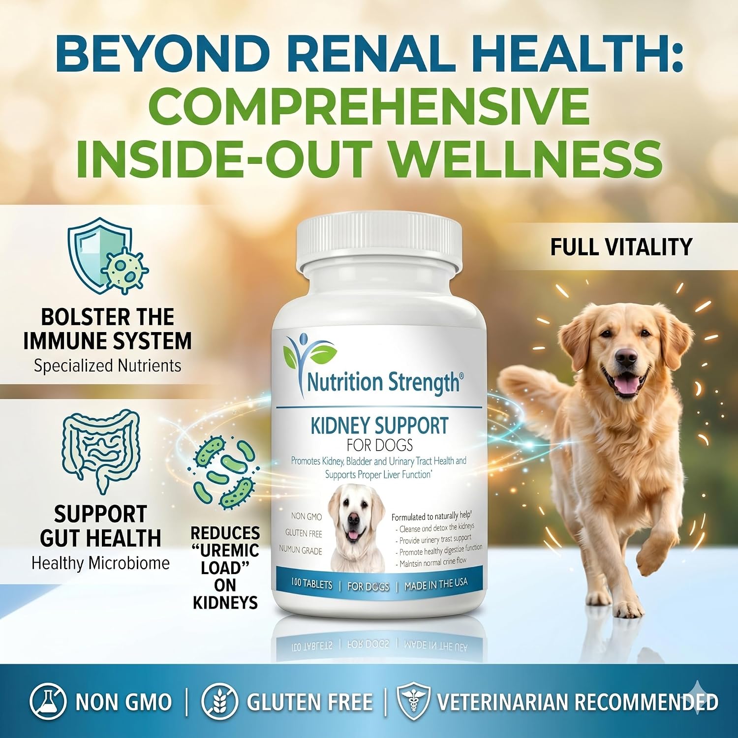 Nutrition Strength Kidney Support for Dogs - Apoyo Renal, Vejiga y Tracto Urinario, con Arándano Rojo Orgánico y Astrágalo, 120 Comprimidos Masticables