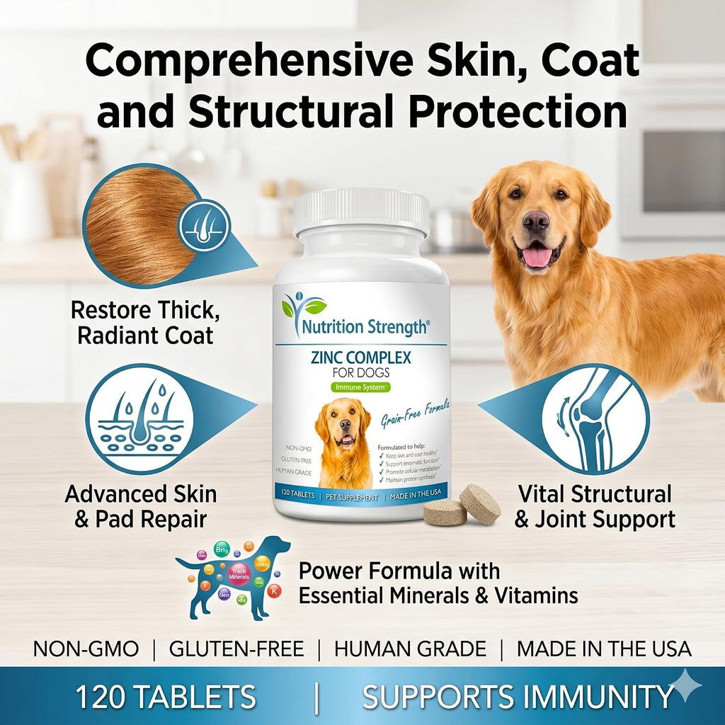 Nutrition Strength Zinc para Perros - Apoyo a la Piel y el Pelaje, Crecimiento Normal, Función Inmune y Metabolismo Celular, con Biotina, Folato, Selenio y Vitamina E, 120 Comprimidos Masticables