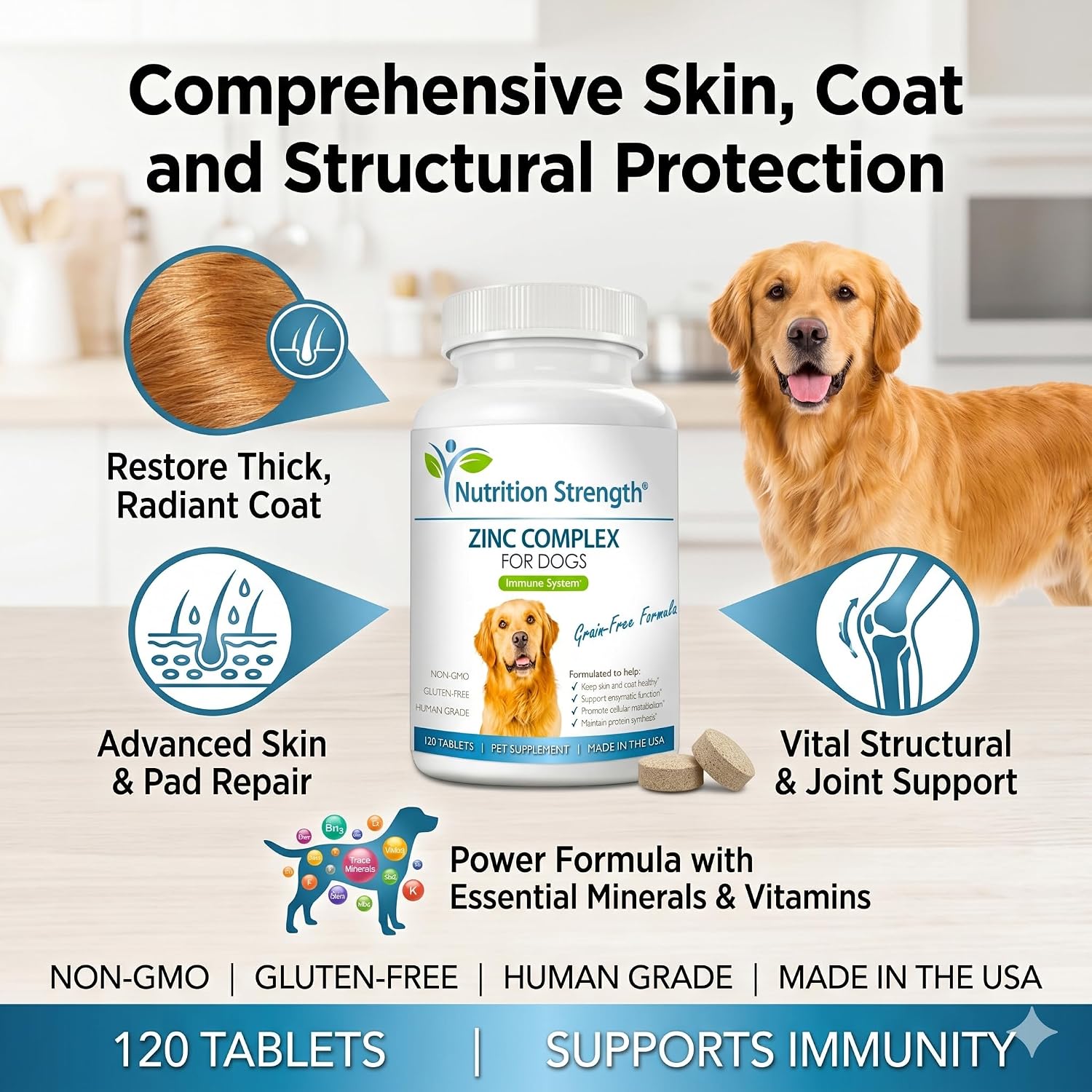 Nutrition Strength Zinc para Perros - Apoyo a la Piel y el Pelaje, Crecimiento Normal, Función Inmune y Metabolismo Celular, con Biotina, Folato, Selenio y Vitamina E, 120 Comprimidos Masticables
