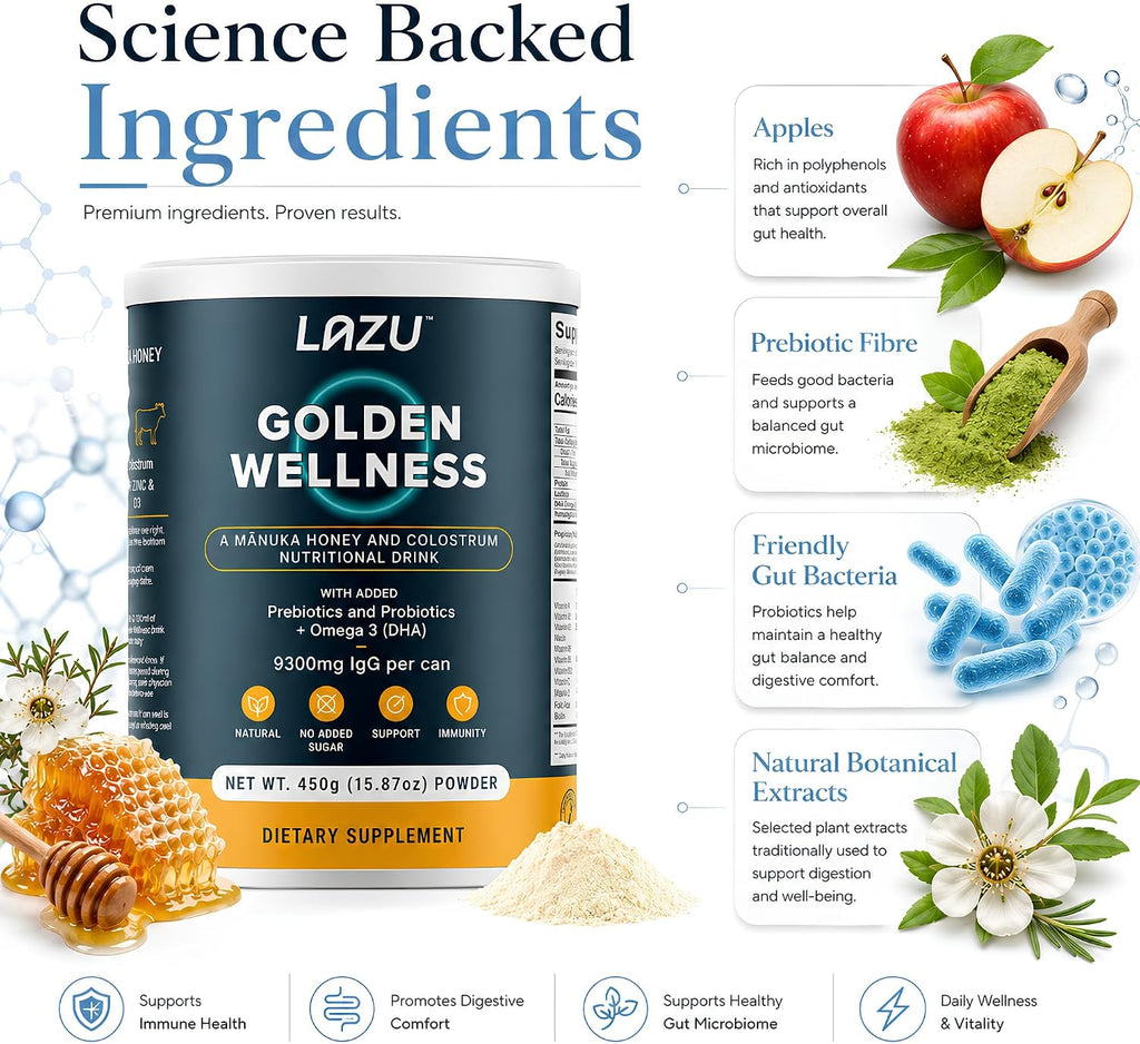 Lazu Golden Wellness Colostro Bovino con Miel de Manuka, Probióticos y Omega-3 - 450g
