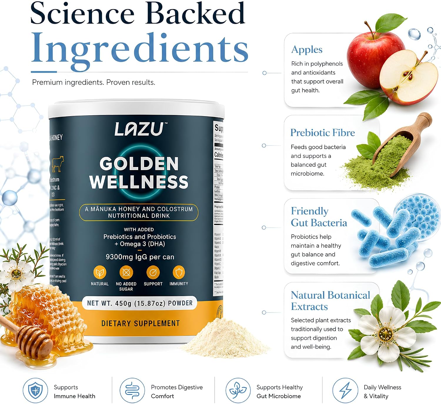 Lazu Golden Wellness Colostro Bovino con Miel de Manuka, Probióticos y Omega-3 - 450g