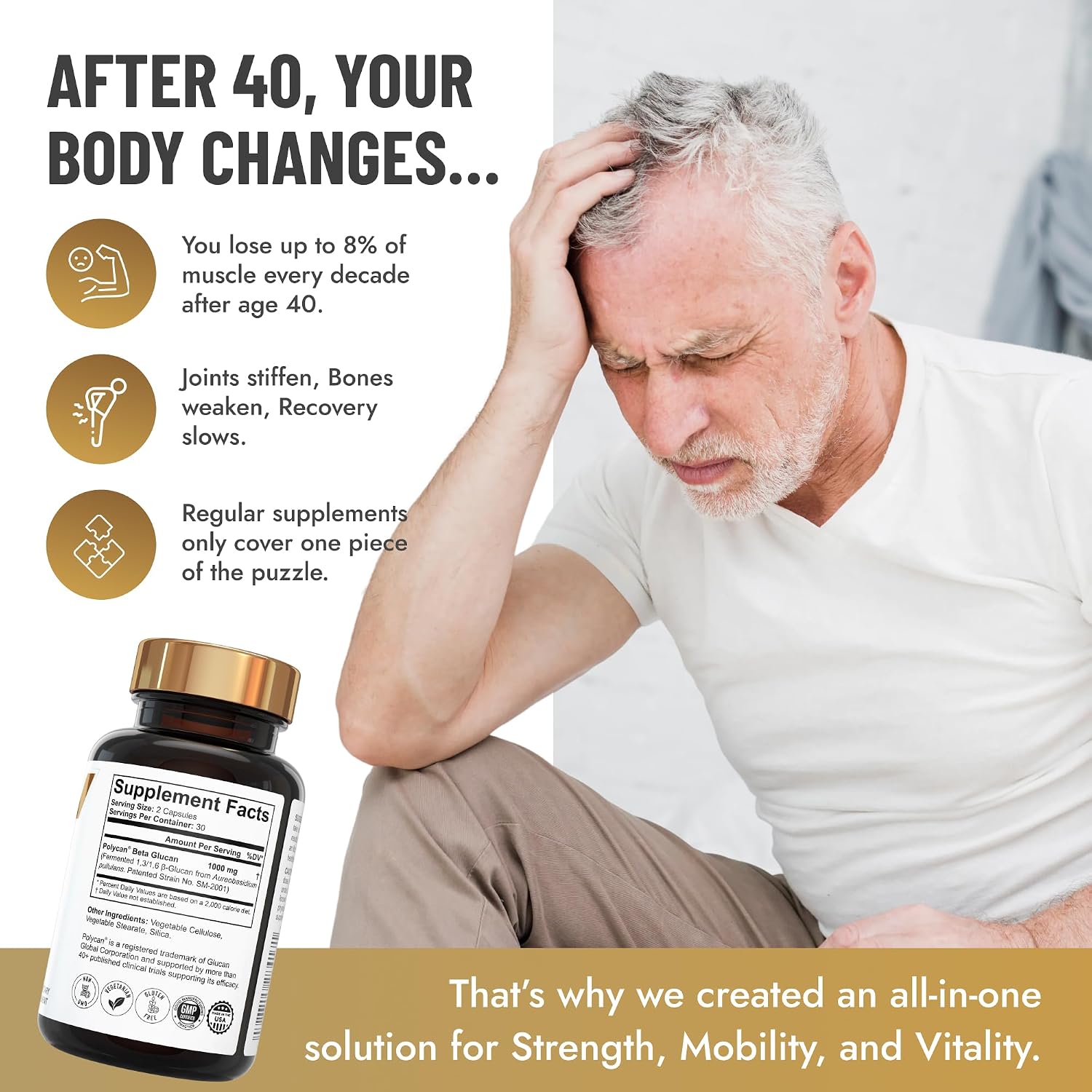 40+ Muscle Bone Joint Support | Posbiótico Polycan® Estudiado Clínicamente | Apoyo para Salud Ósea, Muscular y Articular | 60 Cápsulas