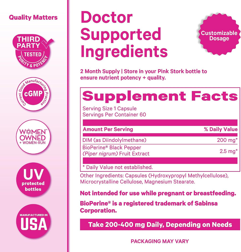 Pink Stork DIM para Mujeres – 60 Cápsulas con 200 mg DIM y Bioperina