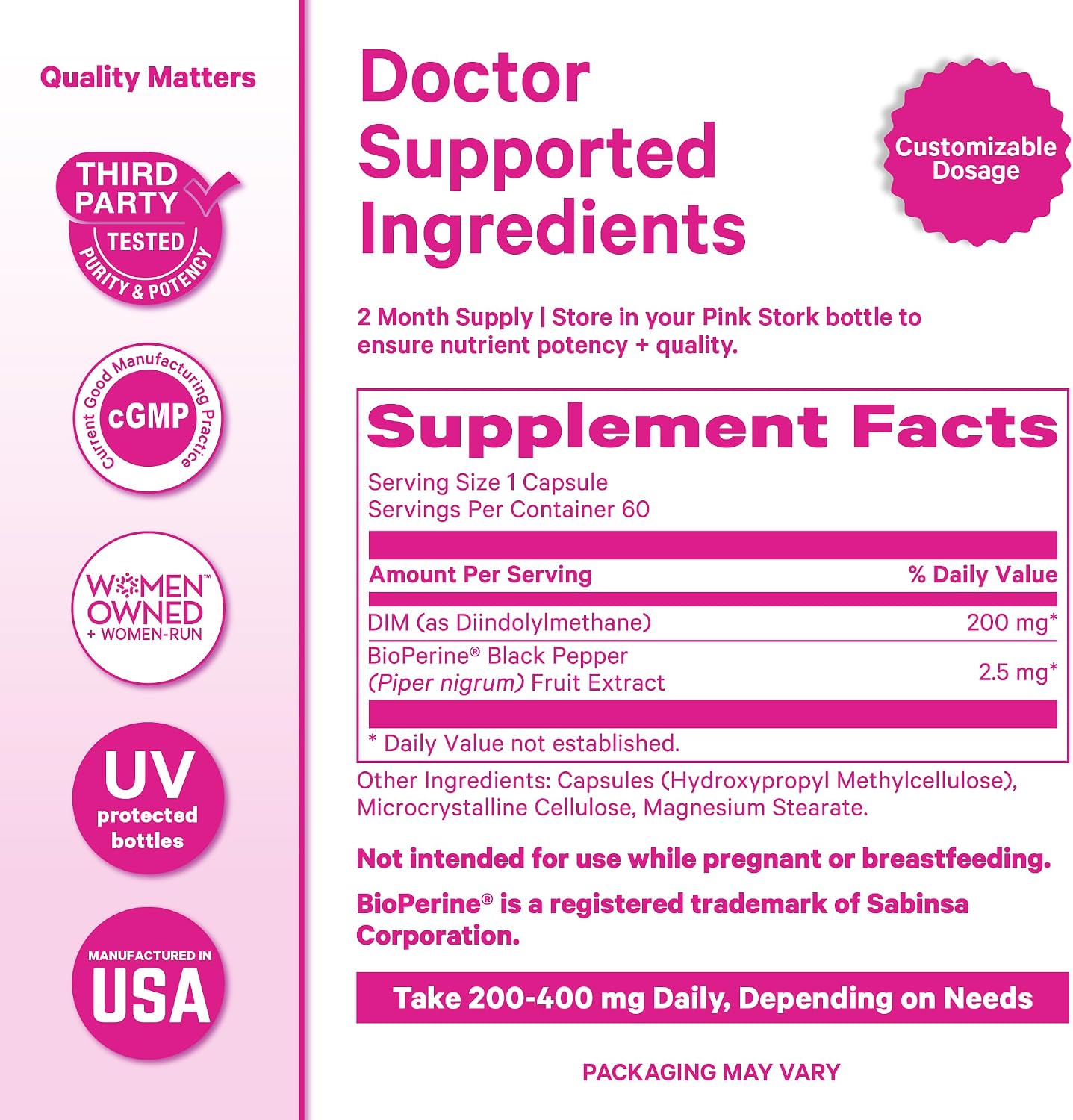 Pink Stork DIM para Mujeres – 60 Cápsulas con 200 mg DIM y Bioperina