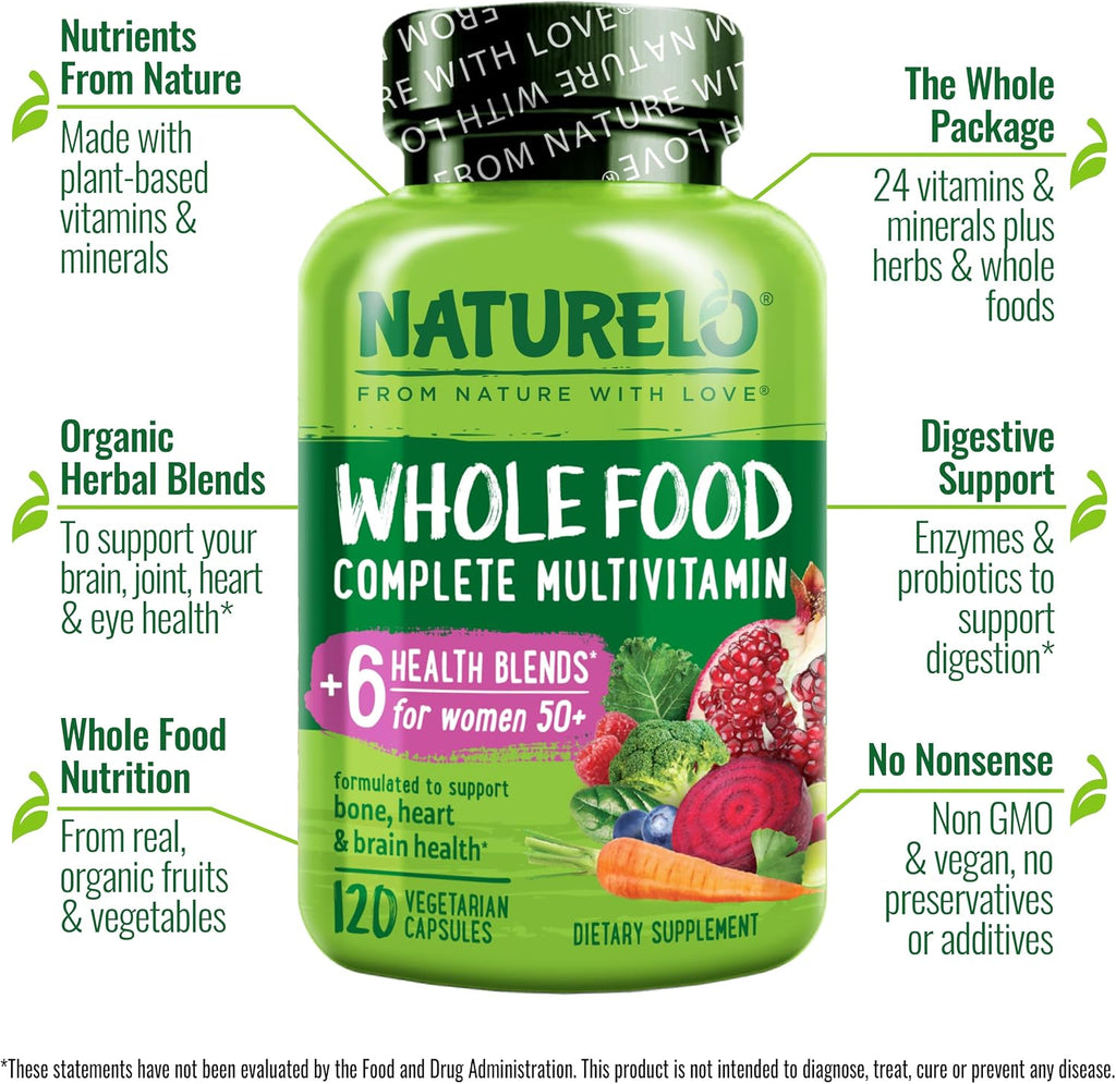 NATURELO Multivitamínico Integral para Mujeres 50+ (Sin Hierro) - 120 Cápsulas Veganas