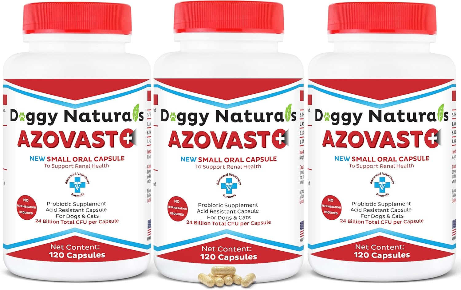 Azovast Plus Suplemento Renal para Perros y Gatos - 24 Mil Millones de UFC - Sin Refrigeración - 360 Cápsulas