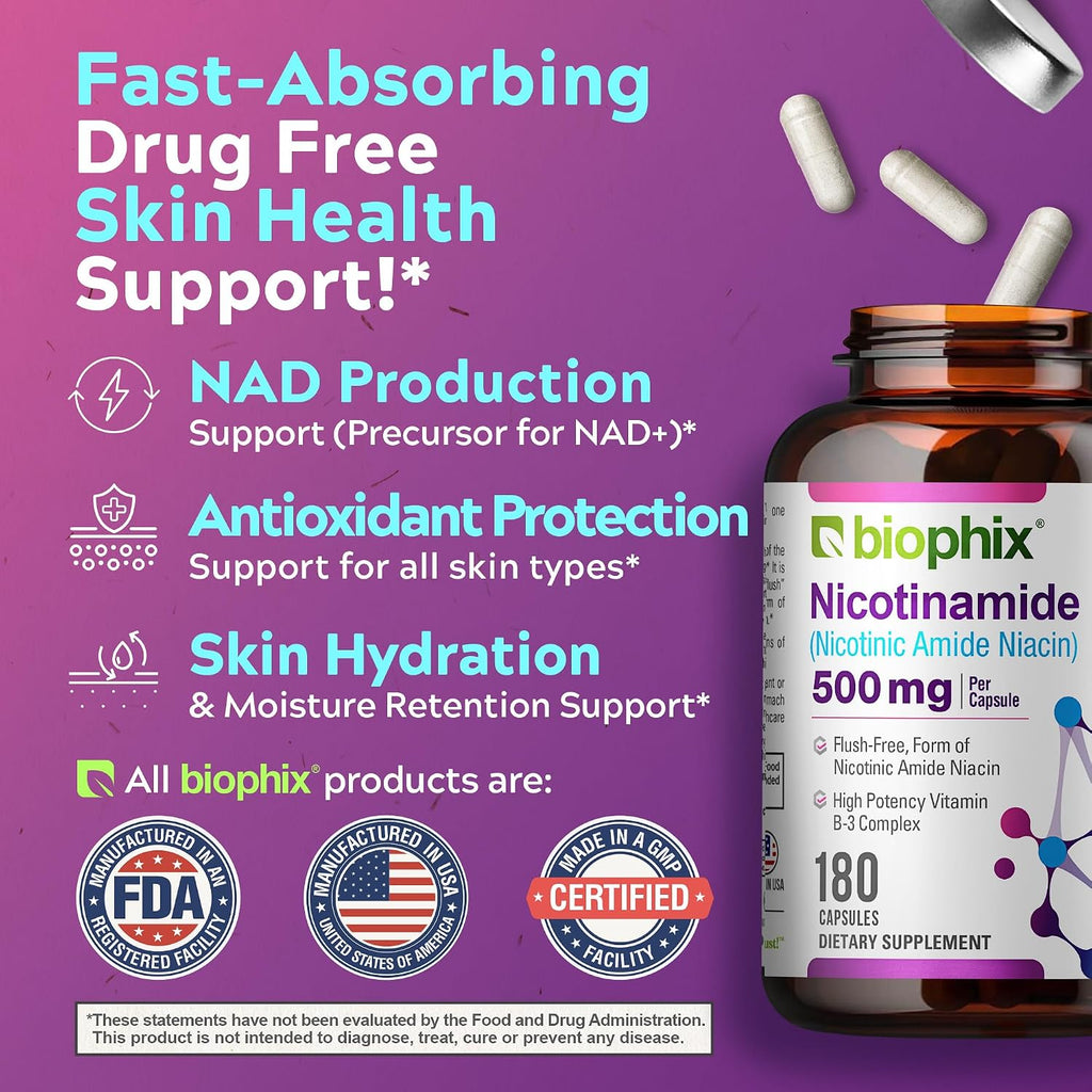 biophix B-3 Nicotinamida 500 mg 180 Cápsulas - Fórmula de Niacina Sin Enrojecimiento