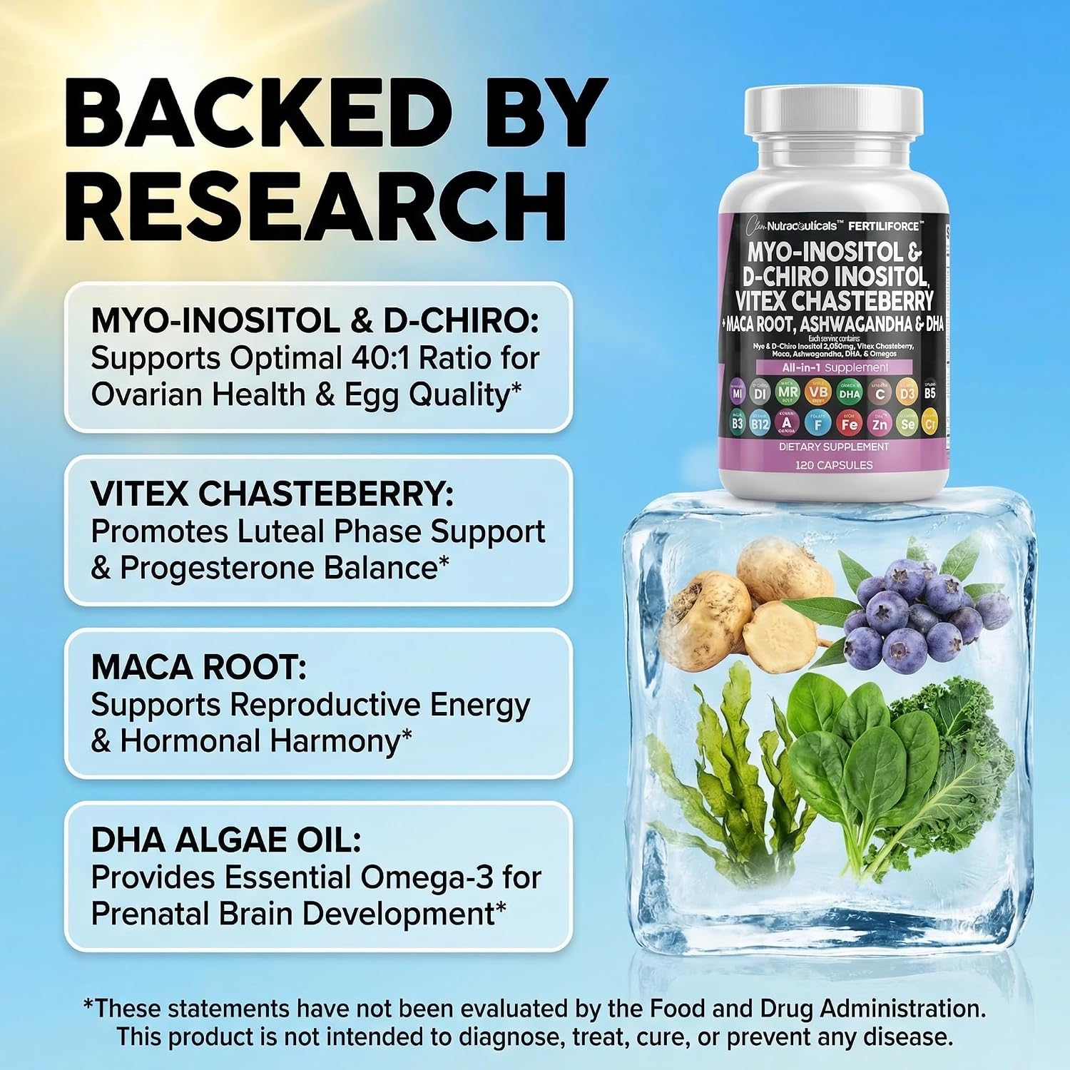 Clean Nutraceuticals Myo-Inositol y D-Chiro Inositol 2050mg - Suplemento de Fertilidad 40:1 - Vitaminas Prenatales con Ashwagandha, Maca, Vitex, Hierro, DHA, Ácido Fólico, DIM, Zinc